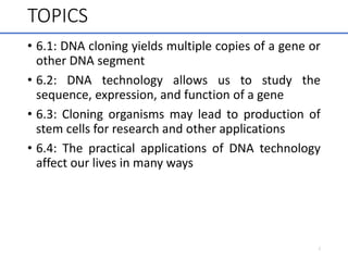 TOPICS
• 6.1: DNA cloning yields multiple copies of a gene or
other DNA segment
• 6.2: DNA technology allows us to study the
sequence, expression, and function of a gene
• 6.3: Cloning organisms may lead to production of
stem cells for research and other applications
• 6.4: The practical applications of DNA technology
affect our lives in many ways
2
 
