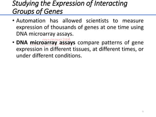 Studying the Expression of Interacting
Groups of Genes
• Automation has allowed scientists to measure
expression of thousands of genes at one time using
DNA microarray assays.
• DNA microarray assays compare patterns of gene
expression in different tissues, at different times, or
under different conditions.
38
 