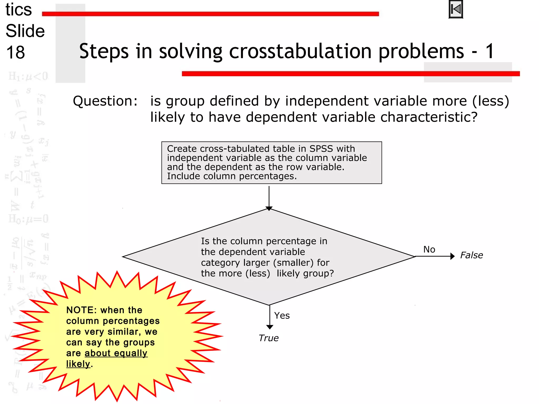 tics
Slide
18 Steps in solving crosstabulation problems - 1
Question: is group defined by independent variable more (less)
likely to have dependent variable characteristic?
False
Is the column percentage in
the dependent variable
category larger (smaller) for
the more (less) likely group?
No
True
Yes
Create cross-tabulated table in SPSS with
independent variable as the column variable
and the dependent as the row variable.
Include column percentages.
NOTE: when the
column percentages
are very similar, we
can say the groups
are about equally
likely.
 