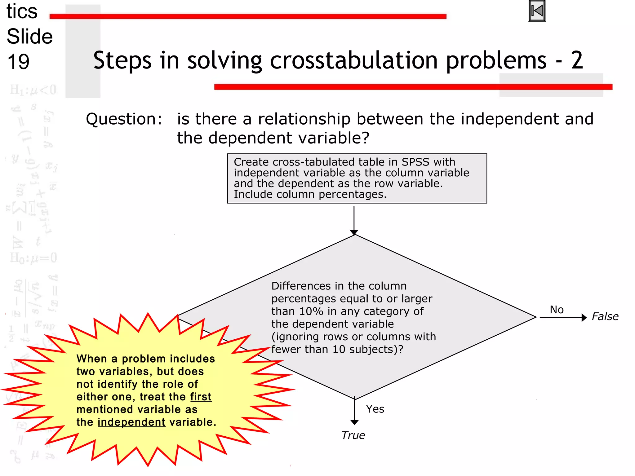 tics
Slide
19 Steps in solving crosstabulation problems - 2
Question: is there a relationship between the independent and
the dependent variable?
False
Differences in the column
percentages equal to or larger
than 10% in any category of
the dependent variable
(ignoring rows or columns with
fewer than 10 subjects)?
No
True
Yes
Create cross-tabulated table in SPSS with
independent variable as the column variable
and the dependent as the row variable.
Include column percentages.
When a problem includes
two variables, but does
not identify the role of
either one, treat the first
mentioned variable as
the independent variable.
 