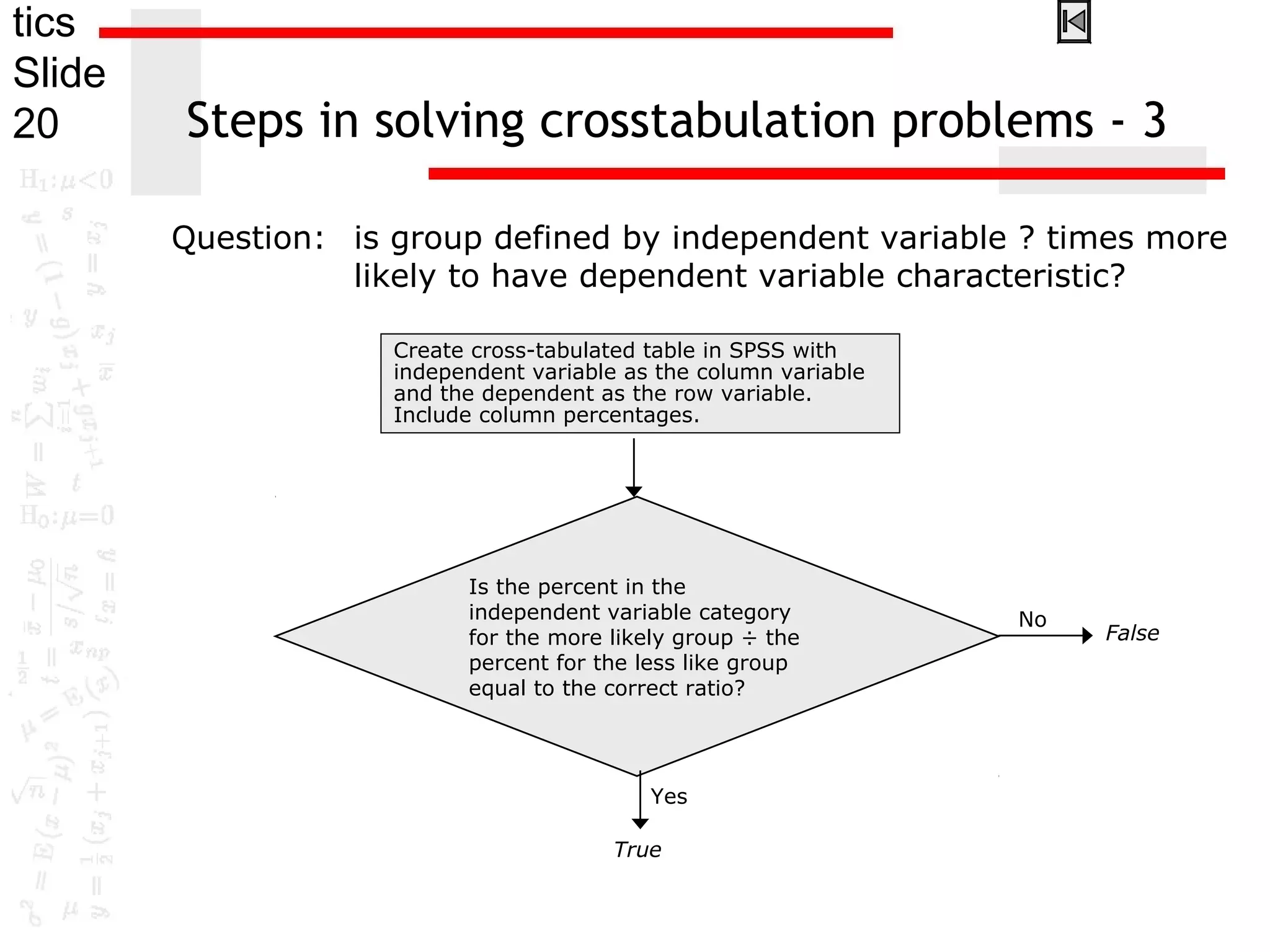 tics
Slide
20 Steps in solving crosstabulation problems - 3
Question: is group defined by independent variable ? times more
likely to have dependent variable characteristic?
False
Is the percent in the
independent variable category
for the more likely group ÷ the
percent for the less like group
equal to the correct ratio?
No
True
Yes
Create cross-tabulated table in SPSS with
independent variable as the column variable
and the dependent as the row variable.
Include column percentages.
 