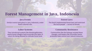 Forest Management in Java, Indonesia
Java Events
Similar events took place in Java, Indonesia, under
Dutch colonial rule.
Forest Laws
The Dutch implemented forest laws and restricted
the local people’s access to forests.
Labor Systems
They introduced systems like blandongdiensten,
where forest villagers had to provide free labor in
return for being allowed to cultivate forest land.
Community Resistance
Communities like the Kalangs resisted these
changes, and leaders like Surontiko Samin
protested state control over natural resources.
 
