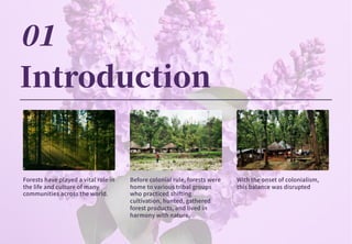 Introduction
Forests have played a vital role in
the life and culture of many
communities across the world.
Before colonial rule, forests were
home to various tribal groups
who practiced shifting
cultivation, hunted, gathered
forest products, and lived in
harmony with nature.
With the onset of colonialism,
this balance was disrupted
 