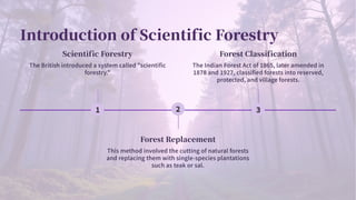 Introduction of Scientific Forestry
Scientific Forestry
The British introduced a system called "scientific
forestry."
Forest Replacement
This method involved the cutting of natural forests
and replacing them with single-species plantations
such as teak or sal.
Forest Classification
The Indian Forest Act of , later amended in
and , classified forests into reserved,
protected, and village forests.
 