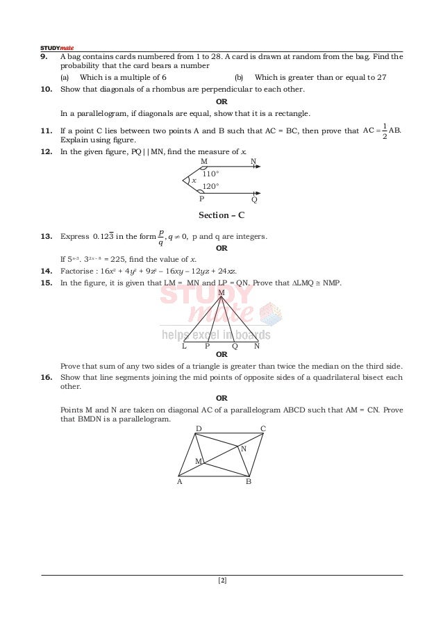 Cbse Class 9 Maths Sample Paper Studymate