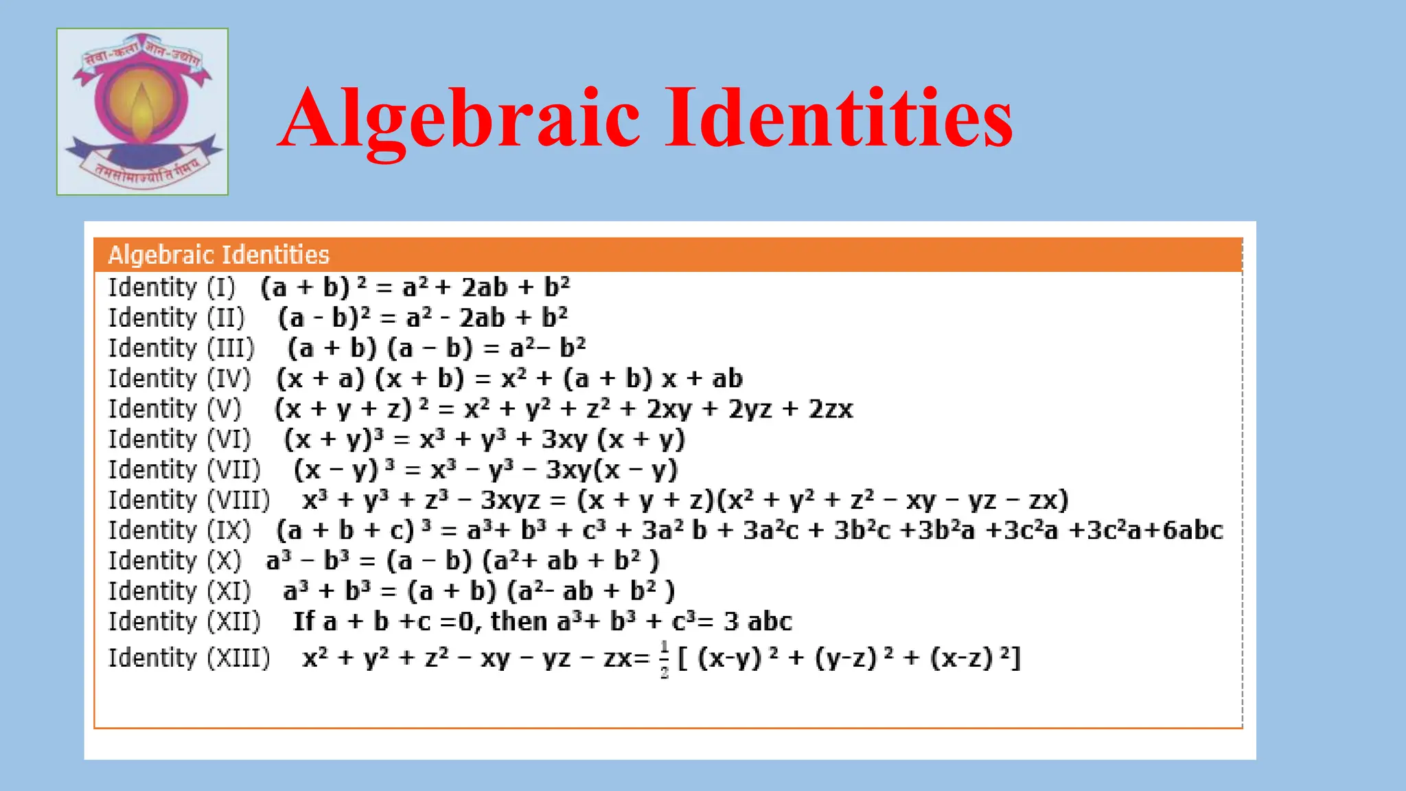 Algebraic Identities
 