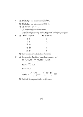 4.

(a) The budget was minimum in 2007-08.
(b) The budget was maximum in 2010-11.
(c) (i) Save the girl child.
(ii) Improving school enrollment.
(iii) Reducing insecurity among the parents having only daughter.

5.

(a)

Class Interval

No. of plants

0-5

1

5-10

4

10-15

7

15-20

7

20-25

6

(b) Conservation of earth by tree plantation.
6.

(a) By arranging the data in ascending order, we get
50, 75, 75, 85, 100, 100, 120, 125, 150
Mean =

80
= 98
10

Mode = 100
 5th  6th 
100  100 200

 100
Median =  2  term 
2
2



(b) Habit of giving donation for social cause

[40]

 