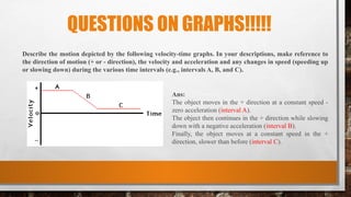 QUESTIONS ON GRAPHS!!!!!
Describe the motion depicted by the following velocity-time graphs. In your descriptions, make reference to
the direction of motion (+ or - direction), the velocity and acceleration and any changes in speed (speeding up
or slowing down) during the various time intervals (e.g., intervals A, B, and C).
Ans:
The object moves in the + direction at a constant speed -
zero acceleration (interval A).
The object then continues in the + direction while slowing
down with a negative acceleration (interval B).
Finally, the object moves at a constant speed in the +
direction, slower than before (interval C).
 