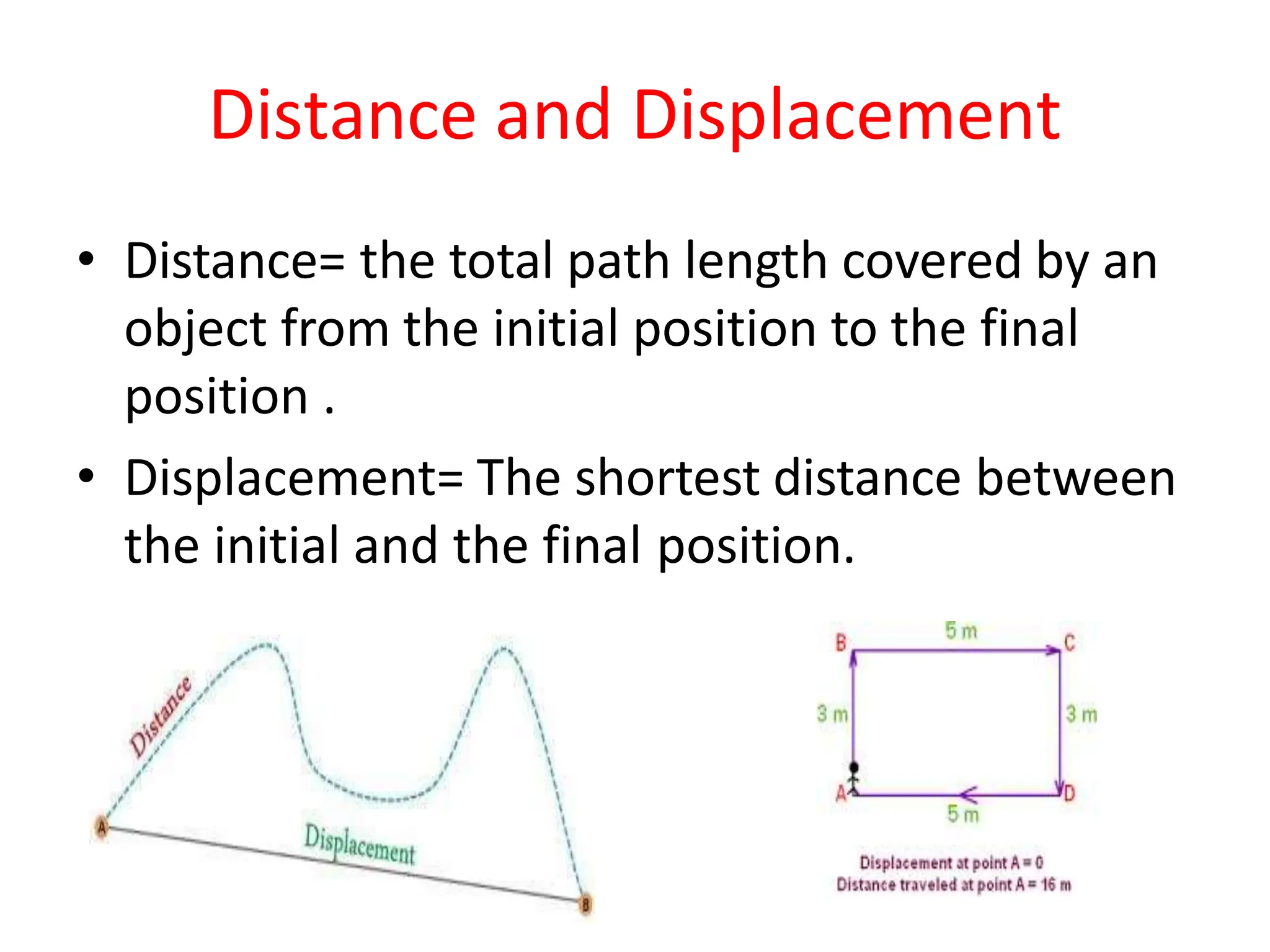 Distance and Displacement
• Distance= the total path length covered by an
object from the initial position to the final
position .
• Displacement= The shortest distance between
the initial and the final position.
 