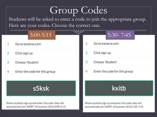 Group Codes
Students will be asked to enter a code to join the appropriate group.
Here are your codes. Choose the correct one.
3:00-5:15 5:30- 7:45
 