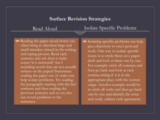 Surface Revision Strategies
Read Aloud
 Reading the paper aloud slowly can
often bring to attention large and
small mistakes missed in the writing
and typing process. Read each
sentence and ask does it make
sense? Is it awkward? Am I
including words that are not actually
written on the paper? Sometimes
reading the paper out of order can
help isolate problems. Try reading
the paragraphs starting with the last
sentence and then reading the
previous sentence and so on; this
can reveal problems in the
sentences.
Isolate Specific Problems
 Isolating specific problems can help
give objectivity to one's personal
work. One way to isolate specific
issues is to circle them on a paper
draft and look at them one by one.
For example: circle all commas and
then go back and look at each
comma asking if it is in the
appropriate place with the correct
usage. Another example would be
to circle all verbs and then go back
one by one and identify the tense
and verify subject verb agreement.
 