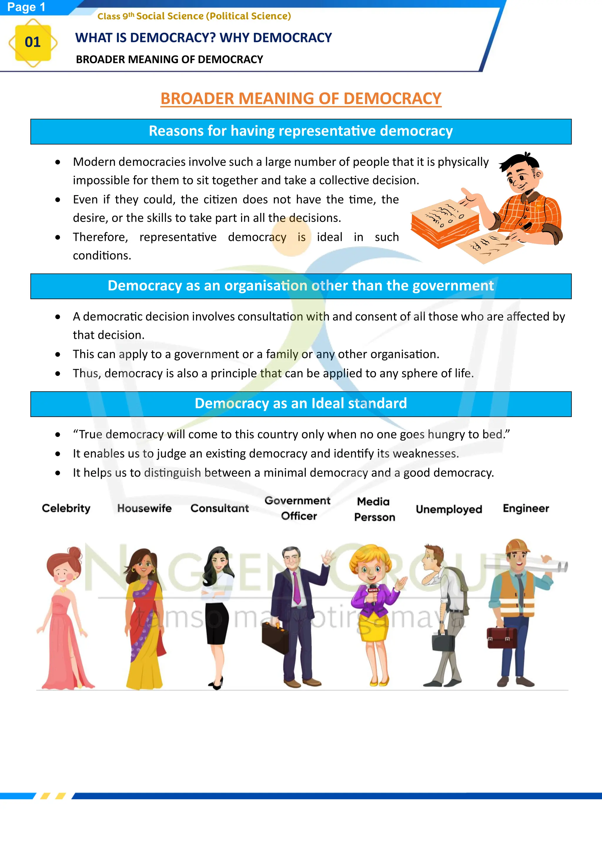 BROADER MEANING OF DEMOCRACY
WHAT IS DEMOCRACY? WHY DEMOCRACY
01
Class 9th Social Science (Political Science)
BROADER MEANING OF DEMOCRACY
Reasons for having representative democracy
• Modern democracies involve such a large number of people that it is physically
impossible for them to sit together and take a collective decision.
• Even if they could, the citizen does not have the time, the
desire, or the skills to take part in all the decisions.
• Therefore, representative democracy is ideal in such
conditions.
Democracy as an organisation other than the government
• A democratic decision involves consultation with and consent of all those who are affected by
that decision.
• This can apply to a government or a family or any other organisation.
• Thus, democracy is also a principle that can be applied to any sphere of life.
Democracy as an Ideal standard
• “True democracy will come to this country only when no one goes hungry to bed.”
• It enables us to judge an existing democracy and identify its weaknesses.
• It helps us to distinguish between a minimal democracy and a good democracy.
Page 1
 