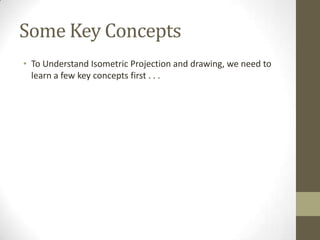 Some Key Concepts
• To Understand Isometric Projection and drawing, we need to
  learn a few key concepts first . . .
 