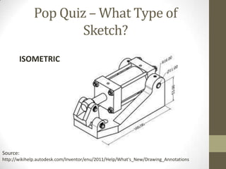 Pop Quiz – What Type of
                     Sketch?
       ISOMETRIC




Source:
http://wikihelp.autodesk.com/Inventor/enu/2011/Help/What's_New/Drawing_Annotations
 