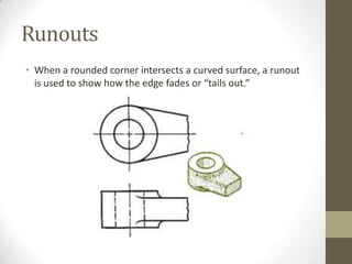 Runouts
• When a rounded corner intersects a curved surface, a runout
  is used to show how the edge fades or “tails out.”
 