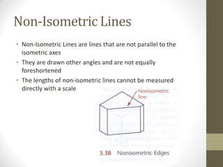 Non-Isometric Lines
• Non-Isometric Lines are lines that are not parallel to the
  isometric axes
• They are drawn other angles and are not equally
  foreshortened
• The lengths of non-isometric lines cannot be measured
  directly with a scale
 
