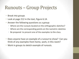 Runouts – Group Projects
• Break into groups
• Look at page 212 in the text, Figure 6.14.
• Answer the following questions as a group:
  • Where are the runouts located on the orthographic sketches?
  • Where are the corresponding points on the isometric sketches
  • Be prepared to present one of the examples to the class.


• Does anyone have an example of a runout to show? Can you
  think of any examples from home, work, in this room?
• Work in groups to sketch example of runouts.
 