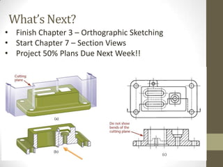 What’s Next?
• Finish Chapter 3 – Orthographic Sketching
• Start Chapter 7 – Section Views
• Project 50% Plans Due Next Week!!
 