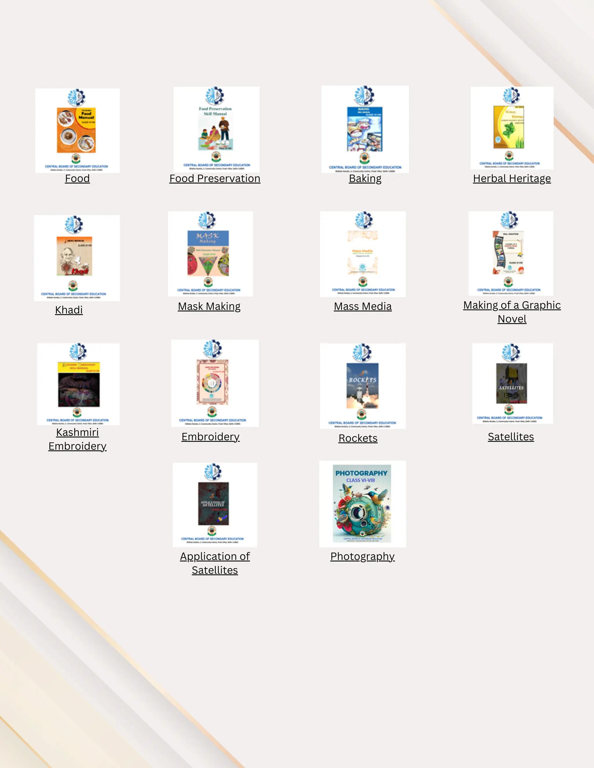 Food Food Preservation Baking Herbal Heritage
Khadi Mask Making Mass Media Making of a Graphic
Novel
Kashmiri
Embroidery
Embroidery Rockets Satellites
Application of
Satellites
Photography
 