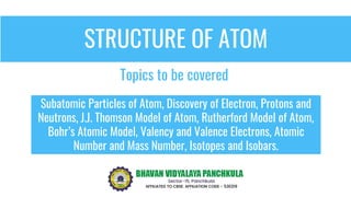 STRUCTURE OF ATOM
Subatomic Particles of Atom, Discovery of Electron, Protons and
Neutrons, J.J. Thomson Model of Atom, Rutherford Model of Atom,
Bohr’s Atomic Model, Valency and Valence Electrons, Atomic
Number and Mass Number, Isotopes and Isobars.
Topics to be covered
 