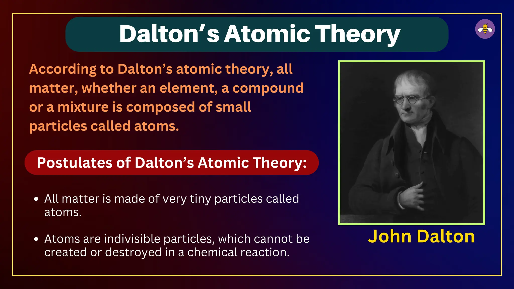 Dalton’s Atomic Theory
According to Dalton’s atomic theory, all
matter, whether an element, a compound
or a mixture is composed of small
particles called atoms.
John Dalton
All matter is made of very tiny particles called
atoms.
Atoms are indivisible particles, which cannot be
created or destroyed in a chemical reaction.
Postulates of Dalton’s Atomic Theory:
 