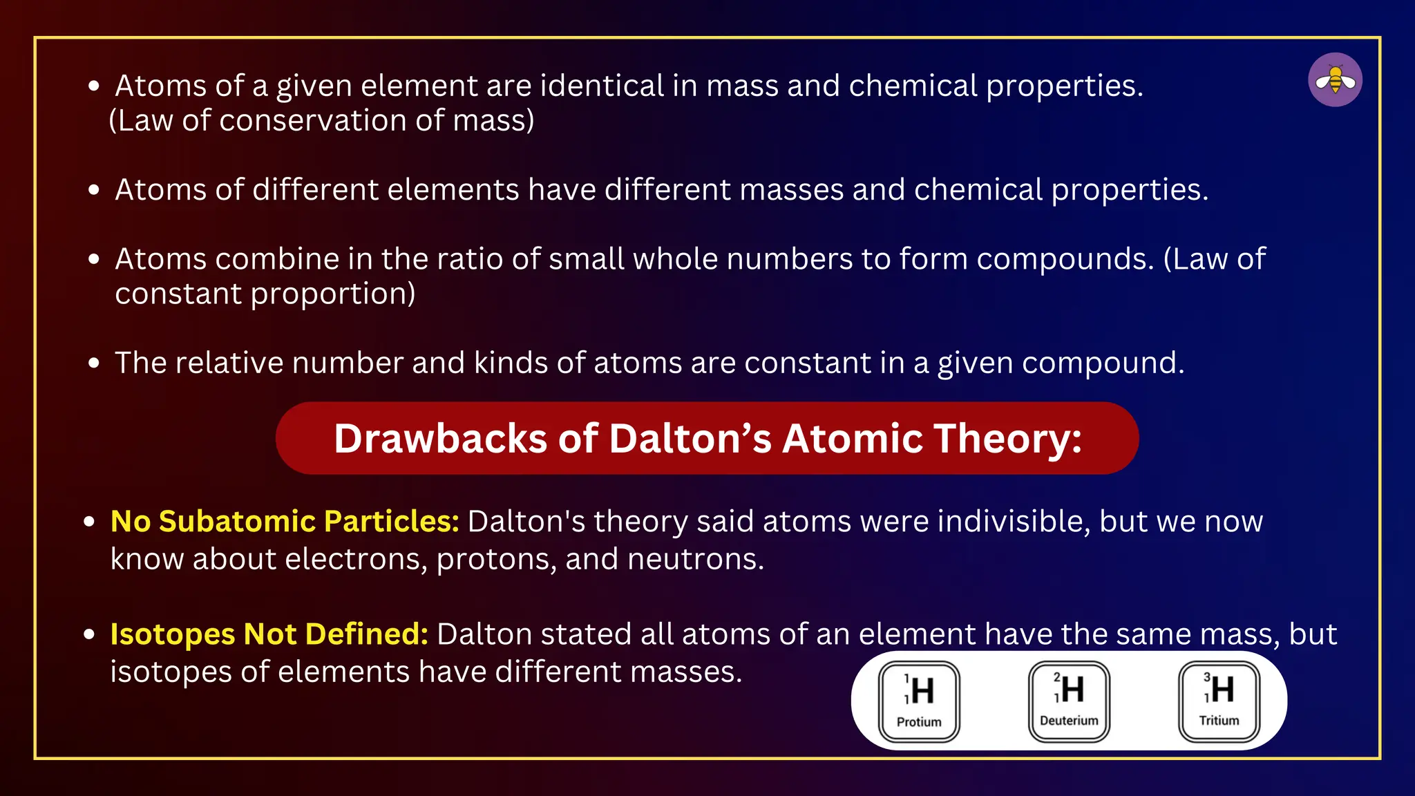 Atoms of a given element are identical in mass and chemical properties.
(Law of conservation of mass)
Atoms of different elements have different masses and chemical properties.
Atoms combine in the ratio of small whole numbers to form compounds. (Law of
constant proportion)
The relative number and kinds of atoms are constant in a given compound.
No Subatomic Particles: Dalton's theory said atoms were indivisible, but we now
know about electrons, protons, and neutrons.
Isotopes Not Defined: Dalton stated all atoms of an element have the same mass, but
isotopes of elements have different masses.
Drawbacks of Dalton’s Atomic Theory:
 