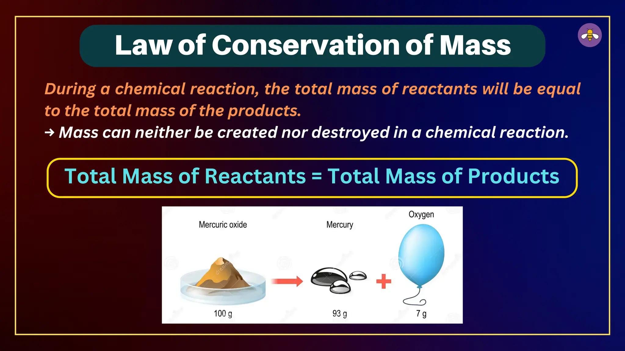 Law of Conservation of Mass
During a chemical reaction, the total mass of reactants will be equal
to the total mass of the products.
→ Mass can neither be created nor destroyed in a chemical reaction.
Total Mass of Reactants = Total Mass of Products
 