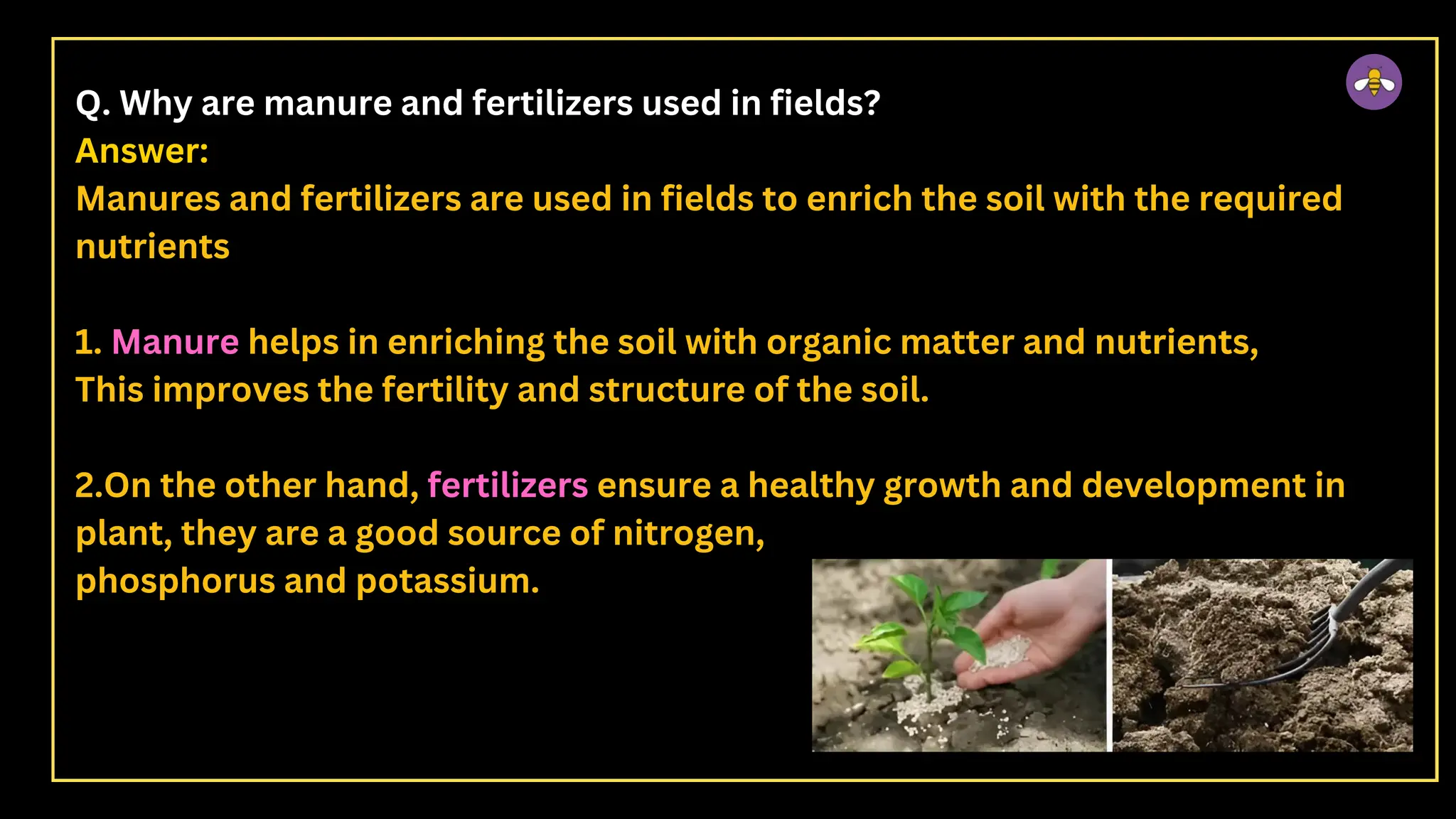 Q. Why are manure and fertilizers used in fields?
Answer:
Manures and fertilizers are used in fields to enrich the soil with the required
nutrients
1. Manure helps in enriching the soil with organic matter and nutrients,
This improves the fertility and structure of the soil.
2.On the other hand, fertilizers ensure a healthy growth and development in
plant, they are a good source of nitrogen,
phosphorus and potassium.
 