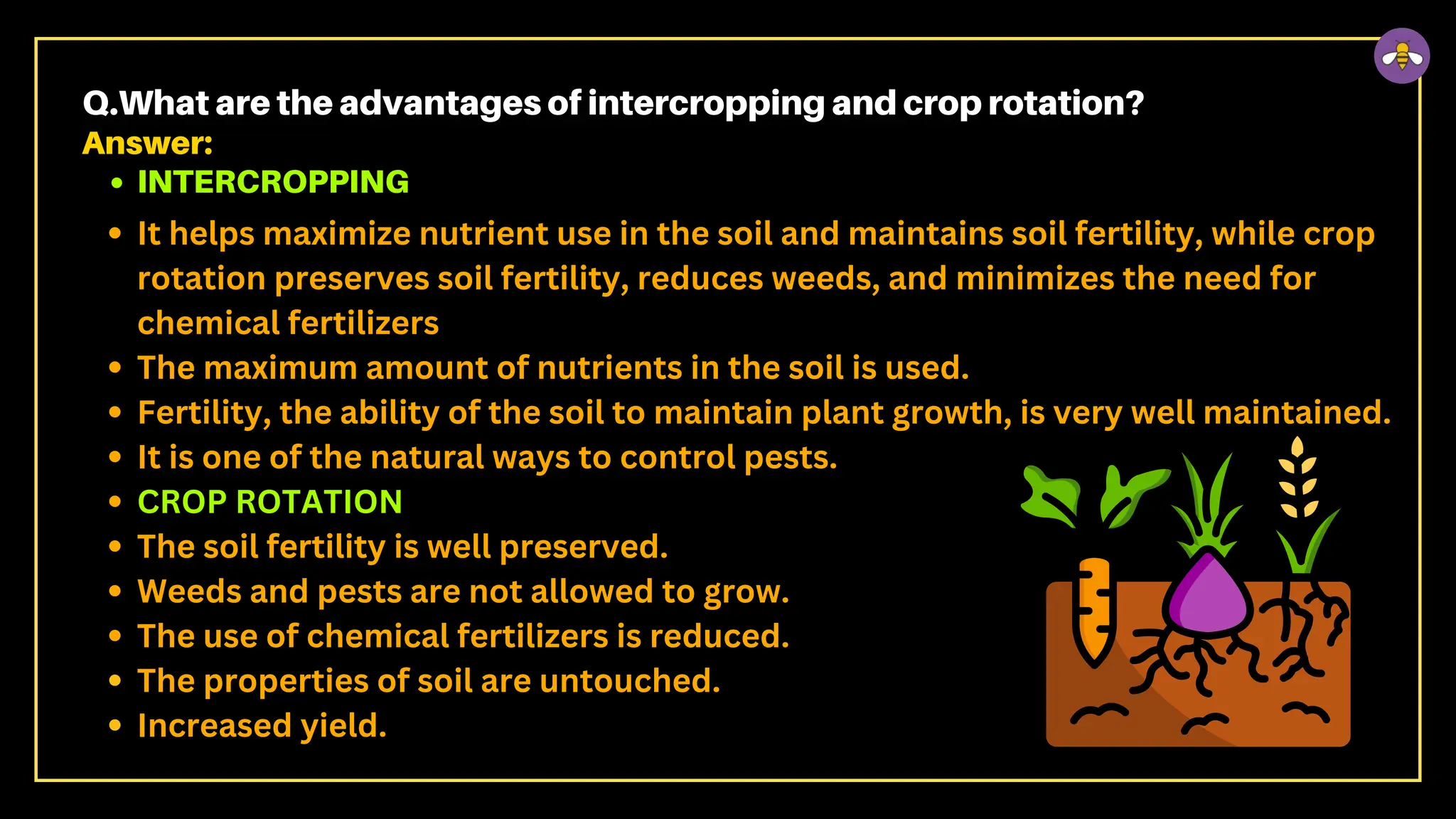 Q.What are the advantages of intercropping and crop rotation?
Answer:
INTERCROPPING
It helps maximize nutrient use in the soil and maintains soil fertility, while crop
rotation preserves soil fertility, reduces weeds, and minimizes the need for
chemical fertilizers
The maximum amount of nutrients in the soil is used.
Fertility, the ability of the soil to maintain plant growth, is very well maintained.
It is one of the natural ways to control pests.
CROP ROTATION
The soil fertility is well preserved.
Weeds and pests are not allowed to grow.
The use of chemical fertilizers is reduced.
The properties of soil are untouched.
Increased yield.
 