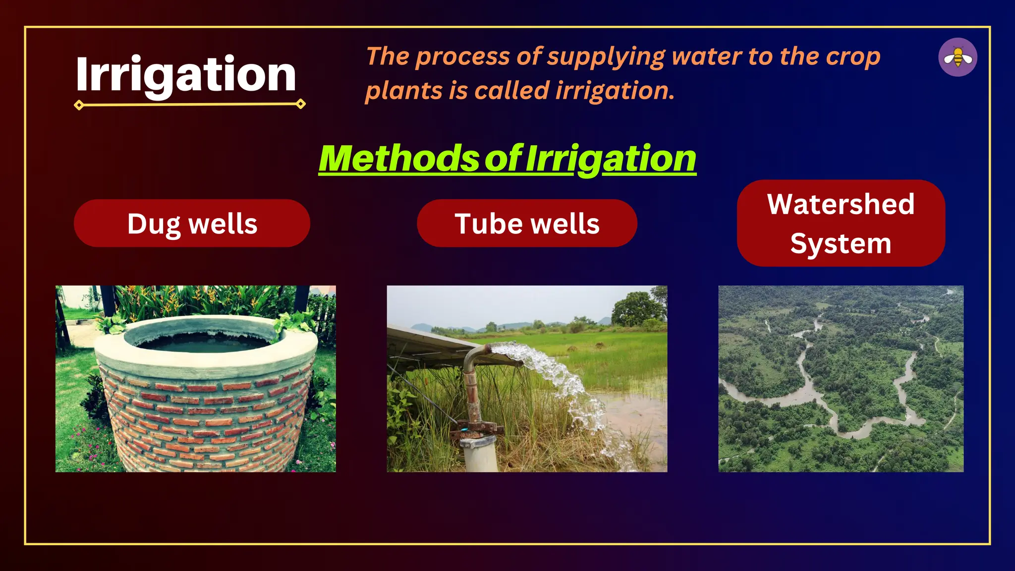 The process of supplying water to the crop
plants is called irrigation.
Irrigation
MethodsofIrrigation
Dug wells Tube wells
Watershed
System
 