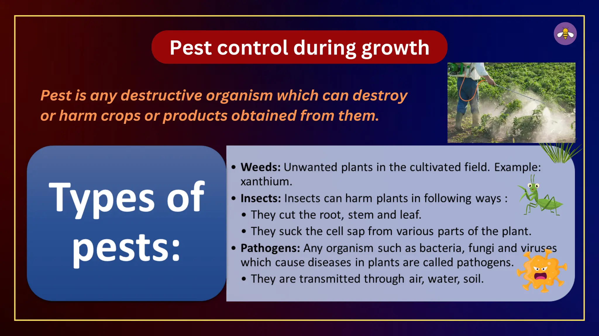 Pest control during growth
Pest is any destructive organism which can destroy
or harm crops or products obtained from them.
 
