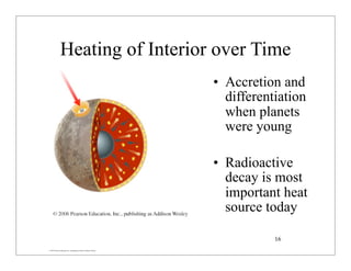 © 2007 Pearson Education Inc., publishing as Pearson Addison-Wesley
Heating of Interior over Time
• Accretion and
differentiation
when planets
were young
• Radioactive
decay is most
important heat
source today
16
 