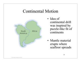 © 2007 Pearson Education Inc., publishing as Pearson Addison-Wesley
Continental Motion
• Idea of
continental drift
was inspired by
puzzle-like fit of
continents
• Mantle material
erupts where
seafloor spreads
31
 