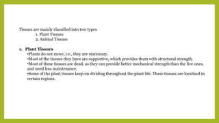 Tissues are mainly classified into two types
1. Plant Tissues
2. Animal Tissues
1. Plant Tissues
•Plants do not move, i.e., they are stationary.
•Most of the tissues they have are supportive, which provides them with structural strength.
•Most of these tissues are dead, as they can provide better mechanical strength than the live ones,
and need less maintenance.
•Some of the plant tissues keep on dividing throughout the plant life. These tissues are localised in
certain regions.
 