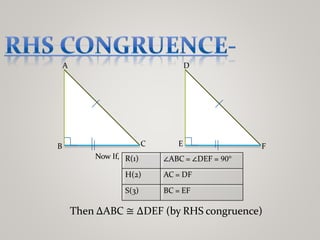 Now If, R(1) ∠ABC = ∠DEF = 90°
H(2) AC = DF
S(3) BC = EF
A
B C
D
E F
Then ∆ABC ≅ ∆DEF (by RHS congruence)
 