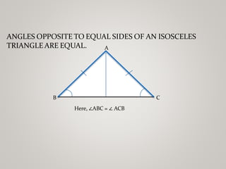 ANGLES OPPOSITE TO EQUAL SIDES OF AN ISOSCELES
TRIANGLE ARE EQUAL.
B C
A
Here, ∠ABC = ∠ ACB
 