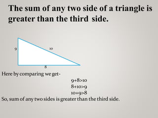 10
9
8
Here bycomparing weget-
9+8>10
8+10>9
10+9>8
So, sum of any two sides isgreater than the third side.
The sum of any two side of a triangle is
greater than the third side.
 