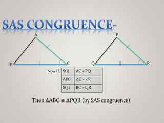 A
B C
P
Q R
S(1) AC = PQ
A(2) ∠C = ∠R
S(3) BC = QR
Now If,
Then ∆ABC ≅ ∆PQR (by SAS congruence)
 