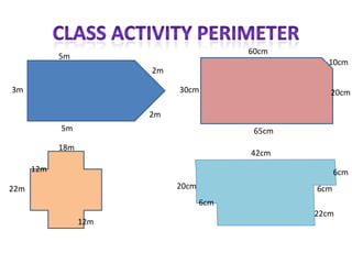 Class Activity Perimeter 60cm 5m 10cm 2m 3m 30cm 20cm 2m 5m 65cm 18m 42cm 12m 6cm 20cm 22m 6cm 6cm 22cm 12m 