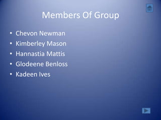 Members Of Group
•   Chevon Newman
•   Kimberley Mason
•   Hannastia Mattis
•   Glodeene Benloss
•   Kadeen Ives
 