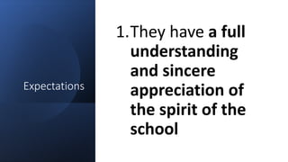 Expectations
1.They have a full
understanding
and sincere
appreciation of
the spirit of the
school
 