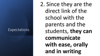 Expectations
2. Since they are the
direct link of the
school with the
parents and the
students, they can
communicate
with ease, orally
and in writing
 