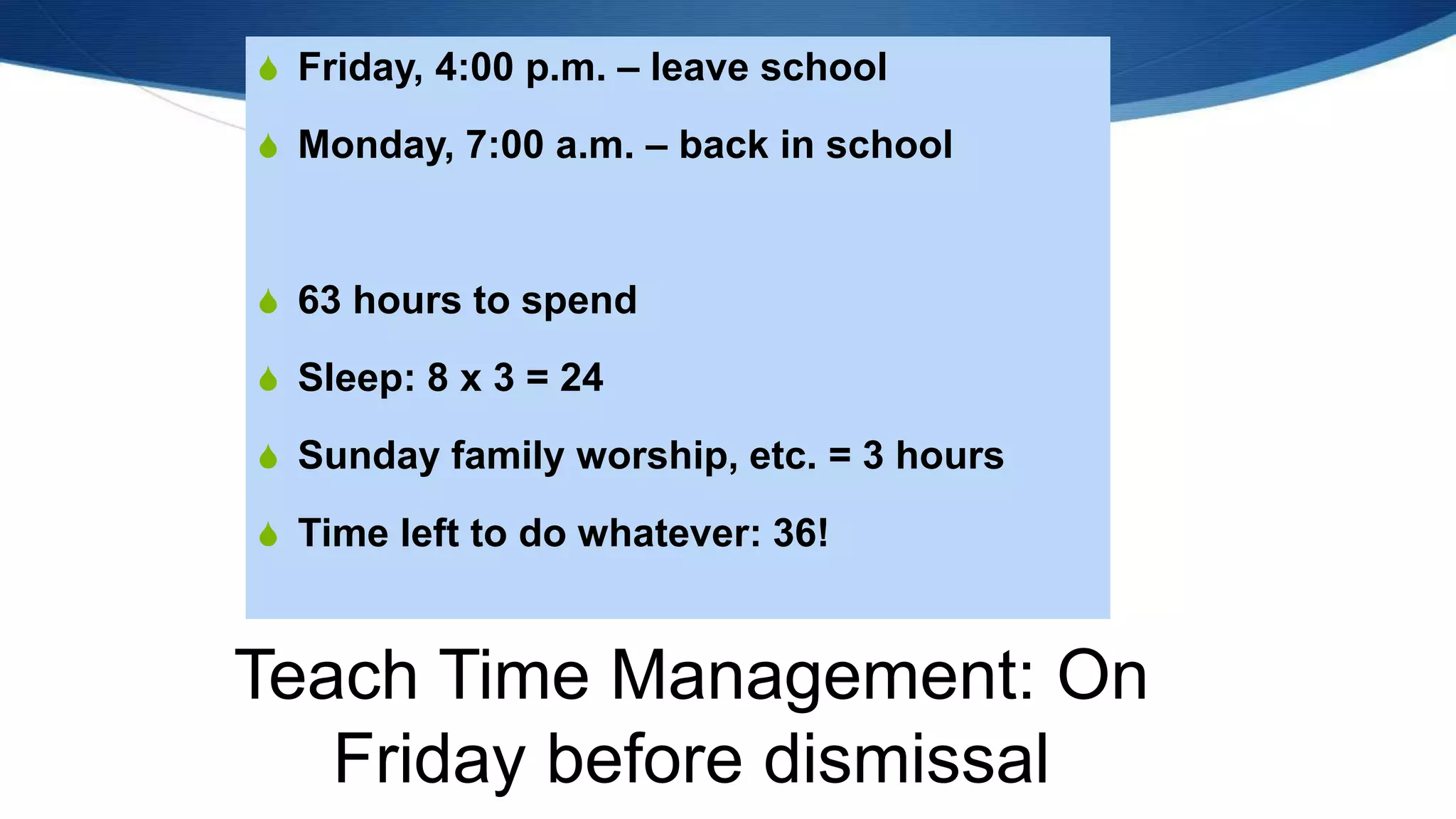 Teach Time Management: On
Friday before dismissal
S Friday, 4:00 p.m. – leave school
S Monday, 7:00 a.m. – back in school
S 63 hours to spend
S Sleep: 8 x 3 = 24
S Sunday family worship, etc. = 3 hours
S Time left to do whatever: 36!
 