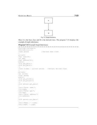 CLASSES AND OBJECTS 7-23
Fig. 7.2. Single Inheritance.
Here A is the base class and B is the derived class. The program 7.15 displays the
example of single inheritance.
Program 7.15. Example Single Inheritance
#include<iostream.h>
#include<conio.h>
class person //Declare base class
{
private:
char name[30];
int age;
char address[50];
public:
void get_data();
void put_data();
};
class student : private person //Declare derived class
{
private:
int rollno;
float marks;
public:
void get_stinfo();
void put_stinfo();
};
void person::get_data()
{
cout<<"Enter name:";
cin>>name;
cout<<"Enter age:";
cin>>age;
cout<<"Enter address:";
cin>>address;
}
void person::put_data()
{
cout<<"Name: " <<name;
cout<<"Age: " <<age;
 