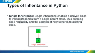 Types of Inheritance in Python
• Single Inheritance: Single inheritance enables a derived class
to inherit properties from a single parent class, thus enabling
code reusability and the addition of new features to existing
code.
 