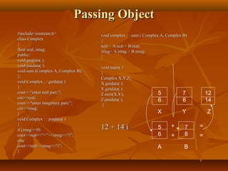 Passing ObjectPassing Object
#include<iostream.h>#include<iostream.h>
class Complexclass Complex
{{
float real, imag;float real, imag;
public:public:
void getdata( );void getdata( );
void putdata( );void putdata( );
void sum (Complex A, Complex B);void sum (Complex A, Complex B);
};};
void Complex : : getdata( )void Complex : : getdata( )
{{
cout<<“enter real part:”;cout<<“enter real part:”;
cin>>real;cin>>real;
cout<<“enter imaginary part:”;cout<<“enter imaginary part:”;
cin>>imag;cin>>imag;
}}
void Complex : : putdata( )void Complex : : putdata( )
{{
if (imag>=0)if (imag>=0)
cout<<real<<“+”<<imag<<“i”;cout<<real<<“+”<<imag<<“i”;
elseelse
cout<<real<<imag<<“i”;cout<<real<<imag<<“i”;
}}
void complex : : sum ( Complex A, Complex B)void complex : : sum ( Complex A, Complex B)
{{
real = A.real + B.real;real = A.real + B.real;
imag= A.imag + B.imag;imag= A.imag + B.imag;
}}
void main( )void main( )
{{
Complex X,Y,Z;Complex X,Y,Z;
X.getdata( );X.getdata( );
Y.getdata( );Y.getdata( );
Z.sum(X,Y);Z.sum(X,Y);
Z.putdata( );Z.putdata( );
}}
12 + 14 i12 + 14 i
5
6
7
8
12
14
X Y Z
5
6
7
8
A B
+
+
=
=
 