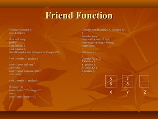 Friend FunctionFriend Function
#include<iostream.h>#include<iostream.h>
class Complexclass Complex
{{
float real, imag;float real, imag;
public:public:
void getdata( );void getdata( );
void putdata( );void putdata( );
friend Complex sum (Complex A, Complex B);friend Complex sum (Complex A, Complex B);
};};
void Complex : : getdata( )void Complex : : getdata( )
{{
cout<<“enter real part:”;cout<<“enter real part:”;
cin>>real;cin>>real;
cout<<“enter imaginary part:”;cout<<“enter imaginary part:”;
cin>>imag;cin>>imag;
}}
void Complex : : putdata( )void Complex : : putdata( )
{{
if (imag>=0)if (imag>=0)
cout<<real<<“+”<<imag<<“i”;cout<<real<<“+”<<imag<<“i”;
elseelse
cout<<real<<imag<<“i”;cout<<real<<imag<<“i”;
}}
Complex sum (Complex A, Complex B)Complex sum (Complex A, Complex B)
{{
Complex temp;Complex temp;
temp.real=A.real + B.real;temp.real=A.real + B.real;
temp.imag= A.imag + B.imag;temp.imag= A.imag + B.imag;
return temp;return temp;
}}
void main ( )void main ( )
{{
Complex X, Y, Z;Complex X, Y, Z;
X.Getdata( );X.Getdata( );
Y. getdata( );Y. getdata( );
Z= sum (X,Y);Z= sum (X,Y);
Z.putdata( );Z.putdata( );
}}
5
6
7
8
X Y Z
 