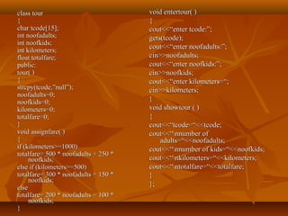 class tourclass tour
{{
char tcode[15];char tcode[15];
int noofadults;int noofadults;
int noofkids;int noofkids;
int kilometers;int kilometers;
float totalfare;float totalfare;
public:public:
tour( )tour( )
{{
strcpy(tcode,”null”);strcpy(tcode,”null”);
noofadults=0;noofadults=0;
noofkids=0;noofkids=0;
kilometers=0;kilometers=0;
totalfare=0;totalfare=0;
}}
void assignfare( )void assignfare( )
{{
if (kilometers>=1000)if (kilometers>=1000)
totalfare= 500 * noofadults + 250 *totalfare= 500 * noofadults + 250 *
noofkids;noofkids;
else if (kilometers>=500)else if (kilometers>=500)
totalfare= 300 * noofadults + 150 *totalfare= 300 * noofadults + 150 *
noofkids;noofkids;
elseelse
totalfare= 200 * noofadults + 100 *totalfare= 200 * noofadults + 100 *
noofkids;noofkids;
}}
void entertour( )void entertour( )
{{
cout<<“enter tcode:”;cout<<“enter tcode:”;
gets(tcode);gets(tcode);
cout<<“enter noofadults:”;cout<<“enter noofadults:”;
cin>>noofadults;cin>>noofadults;
cout<<“enter noofkids:”;cout<<“enter noofkids:”;
cin>>noofkids;cin>>noofkids;
cout<<“enter kilometers=“;cout<<“enter kilometers=“;
cin>>kilometers;cin>>kilometers;
}}
void showtour ( )void showtour ( )
{{
cout<<“tcode=“<<tcode;cout<<“tcode=“<<tcode;
cout<<“nnumber ofcout<<“nnumber of
adults=“<<noofadults;adults=“<<noofadults;
cout<<“nnumber of kids=“<<noofkids;cout<<“nnumber of kids=“<<noofkids;
cout<<“nkilometers=“<<kilometers;cout<<“nkilometers=“<<kilometers;
cout<<“ntotalfare=“<<totalfare;cout<<“ntotalfare=“<<totalfare;
}}
};};
 