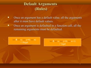 Default ArgumentsDefault Arguments
(Rules)(Rules)
 Once an argument has a default value, all the argumentsOnce an argument has a default value, all the arguments
after it must have default values.after it must have default values.
 Once an argument is defaulted in a function call, all theOnce an argument is defaulted in a function call, all the
remaining arguments must be defaulted.remaining arguments must be defaulted.
int f(int x, int y=0, int n)
// illegal
int f(int x, int y=0, int n=1)
// legal
 