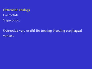  Cholestyramine, colestipol, colesevelam
 -they decrease the excess fecal bile acids
S/E-bloating flatulence, constipation
D/I- binding to other drugs and cause malabsorption
PECTIN-Purified carbohydrate obtained from citrus
fruits, tasteless
Forms viscous colloidal solution, coats the intestinal
surface
 